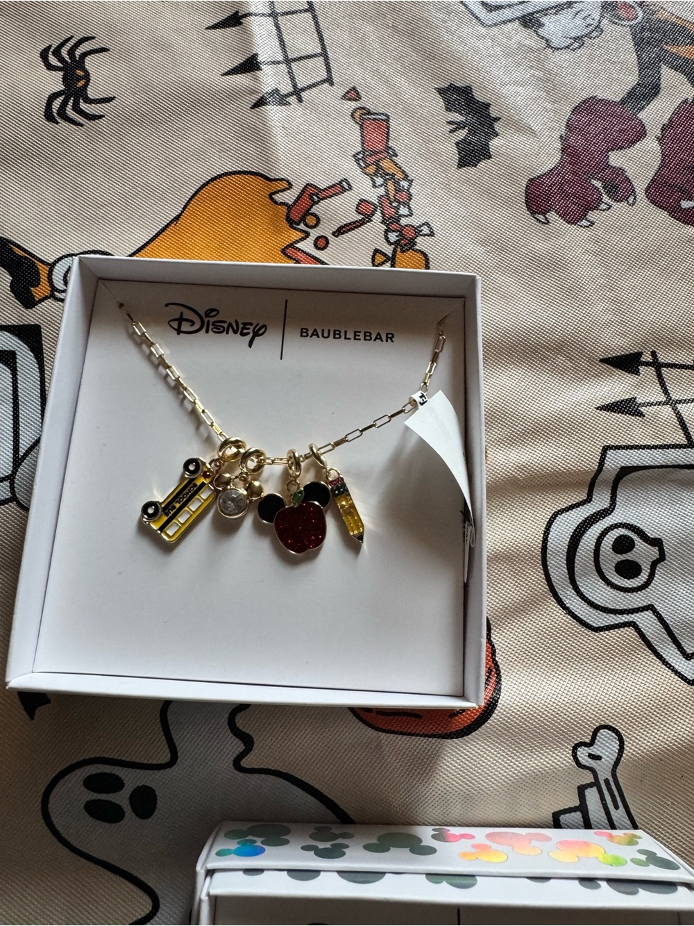 BaubleBar Gold Charm Necklace with Red Glitter Mickey and Yellow Bus Charms
